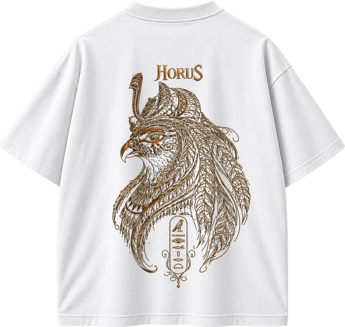 White short-sleeve T-shirt shown from the back, featuring a large ornate brown graphic of a bird with feather-like details and the word "HORUS" above it.
