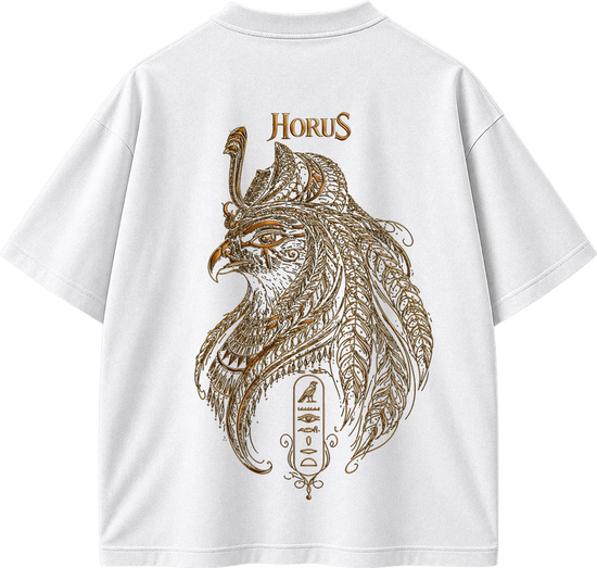 White short-sleeve T-shirt shown from the back, featuring a large ornate brown graphic of a bird with feather-like details and the word "HORUS" above it.