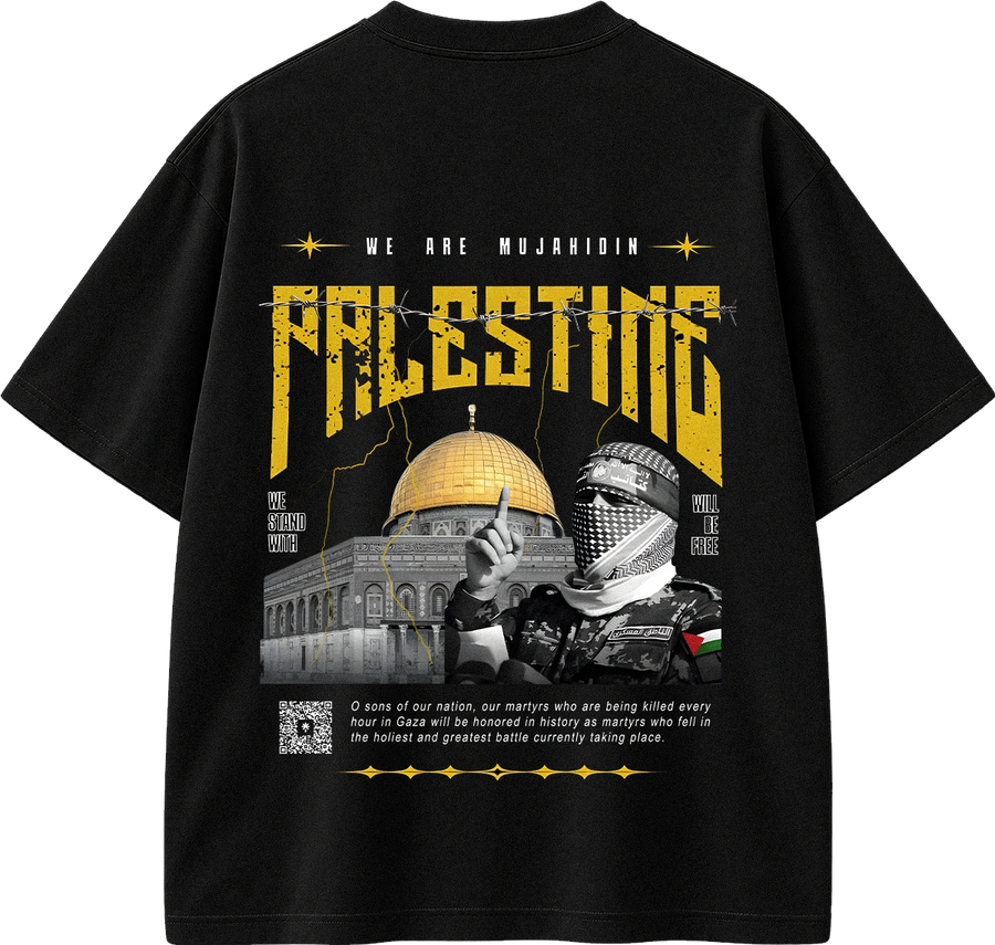 A black short-sleeve graphic T-shirt shown flat against a white background. The back of the shirt features a large distressed yellow 'PALESTINE' print, the text 'WE ARE MUJAHIDIN', a photo of the Dome of the Rock, a masked figure raising a finger, and additional small text and a QR code graphic.