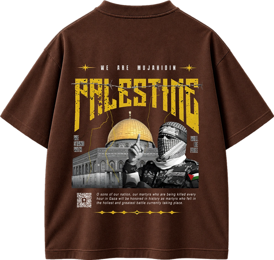 A brown short-sleeve graphic T-shirt shown from the back, featuring a large distressed yellow 'PALESTINE' print, the text 'WE ARE MUJAHIDIN', a dome of the rock illustration, and a black-and-white image of a kuffiyeh-wearing figure. The shirt is photographed on a plain white background.