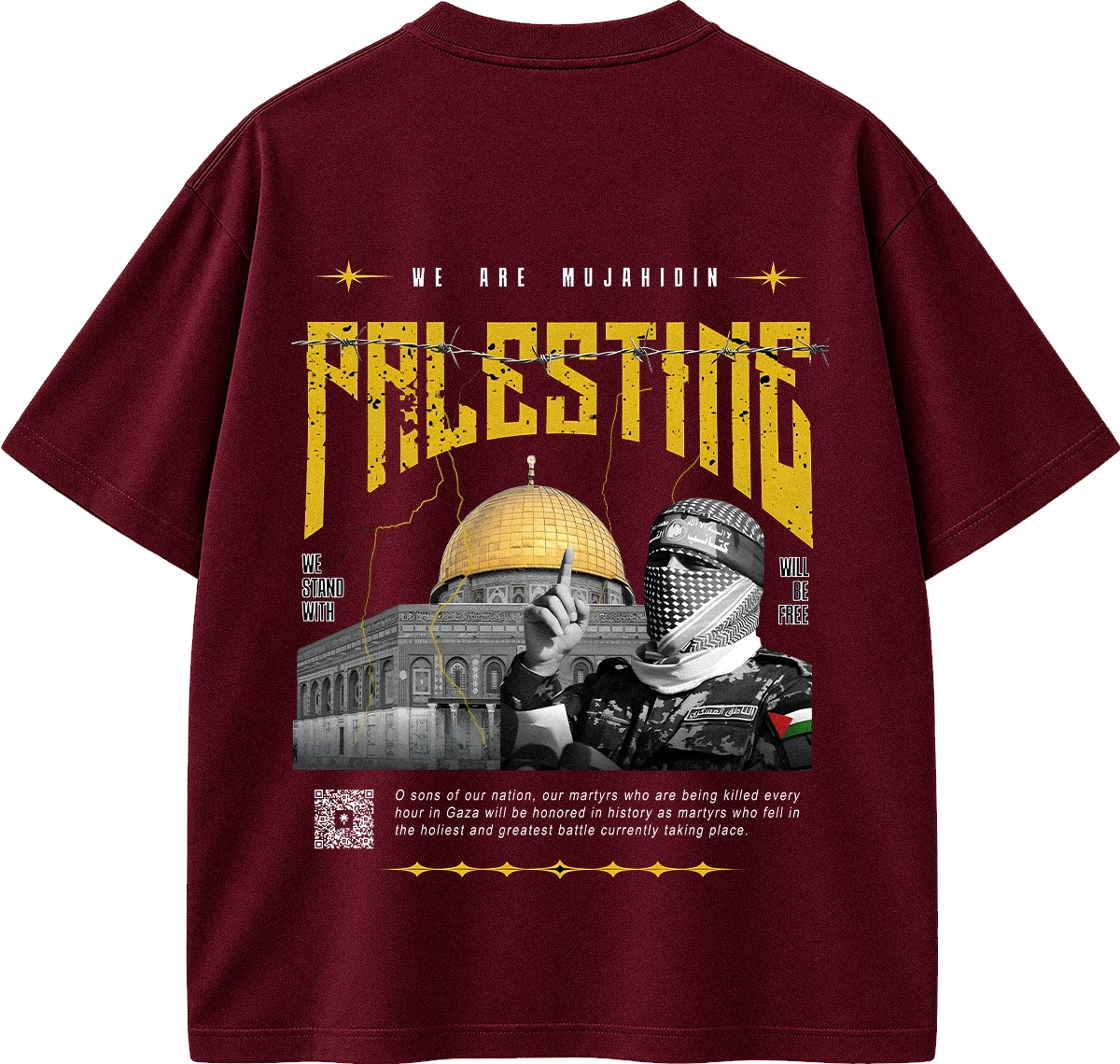 A maroon short-sleeve t-shirt shown from the back, featuring a large graphic print with the word 'PALESTINE' in distressed yellow letters, a dome of the rock illustration, a masked figure, and additional text.