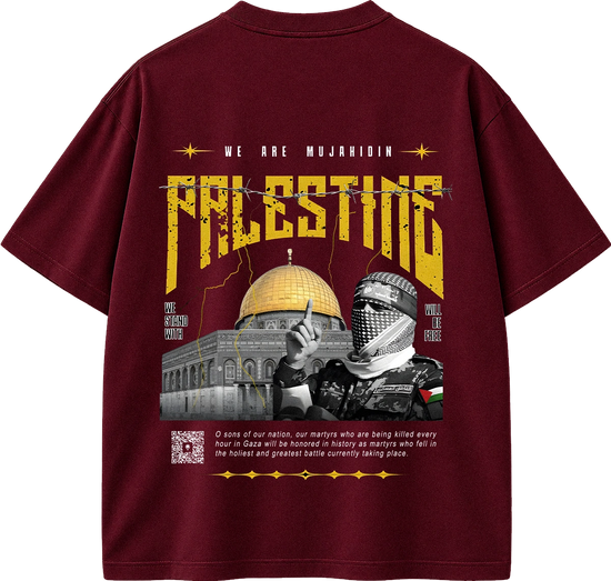 A maroon short-sleeve t-shirt shown from the back, featuring a large graphic print with the word 'PALESTINE' in distressed yellow letters, a dome of the rock illustration, a masked figure, and additional text.