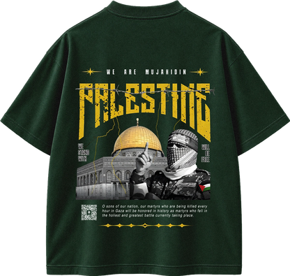 A dark forest green short-sleeve t-shirt shown from the back, featuring a large graphic print with the word 'PALESTINE' in distressed yellow letters, a golden dome, a masked figure, and text reading 'WE ARE MUJAHIDIN'.
