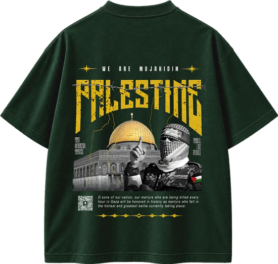 A dark forest green short-sleeve t-shirt shown from the back, featuring a large graphic print with the word 'PALESTINE' in distressed yellow letters, a golden dome, a masked figure, and text reading 'WE ARE MUJAHIDIN'.