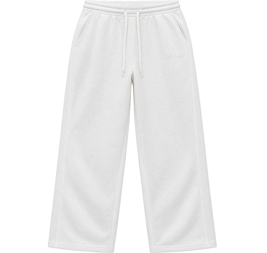 White fleece sweatpants with a drawstring waist and a subtle tonal embroidered logo on the left thigh, shown against a plain white background.