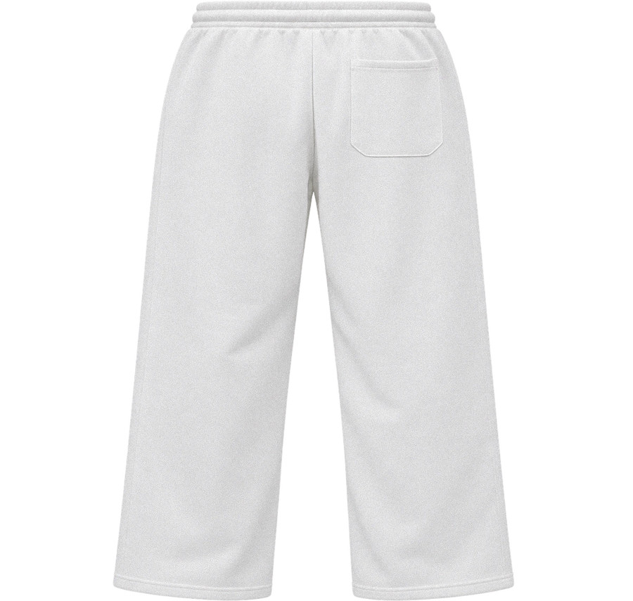 White sweatpants shown from the back, featuring an elastic waistband and a single patch pocket on the left side of the back.