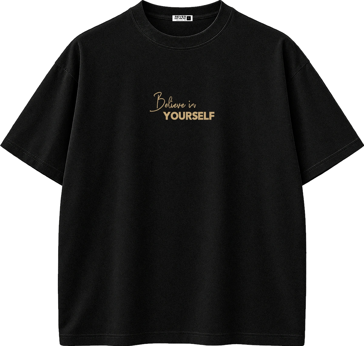 A black short-sleeve crewneck t-shirt with 'Believe in YOURSELF' printed in gold on the chest, displayed on a clean white background.