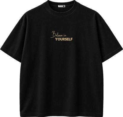 A black short-sleeve crewneck t-shirt with 'Believe in YOURSELF' printed in gold on the chest, displayed on a clean white background.