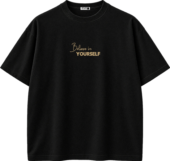 A black short-sleeve crewneck t-shirt with 'Believe in YOURSELF' printed in gold on the chest, displayed on a clean white background.
