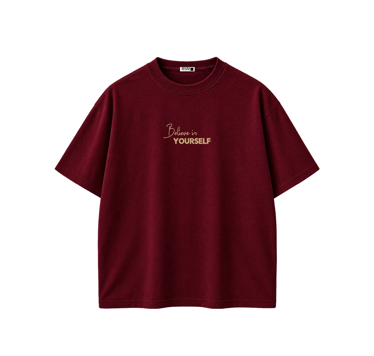 A maroon short-sleeve crewneck t-shirt with 'Believe in YOURSELF' printed in gold on the chest, displayed on a clean white background.