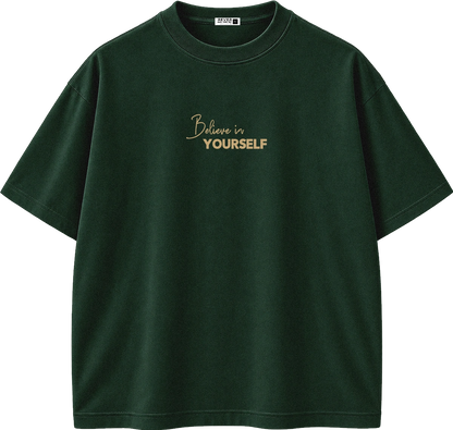 A dark green short-sleeve crewneck t-shirt with 'Believe in YOURSELF' printed in gold on the chest, shown against a plain white background.