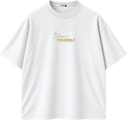 A white short-sleeve crewneck t-shirt with 'Believe in YOURSELF' printed in gold on the center chest, displayed on a clean white background.