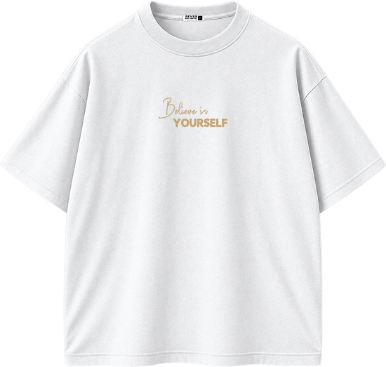 A white short-sleeve crewneck t-shirt with 'Believe in YOURSELF' printed in gold on the center chest, displayed on a clean white background.