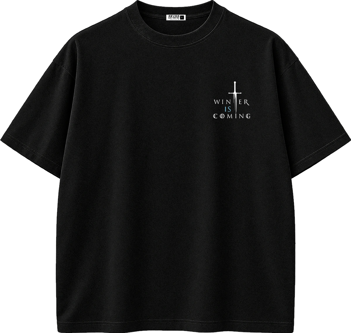 A black short-sleeve crewneck t-shirt with a small white graphic on the left chest featuring a cross and the text 'WINTER IS COMING'.