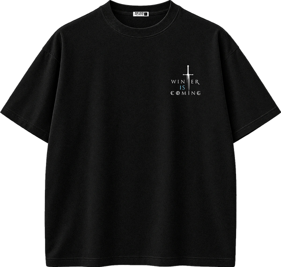 A black short-sleeve crewneck t-shirt with a small white graphic on the left chest featuring a cross and the text 'WINTER IS COMING'.