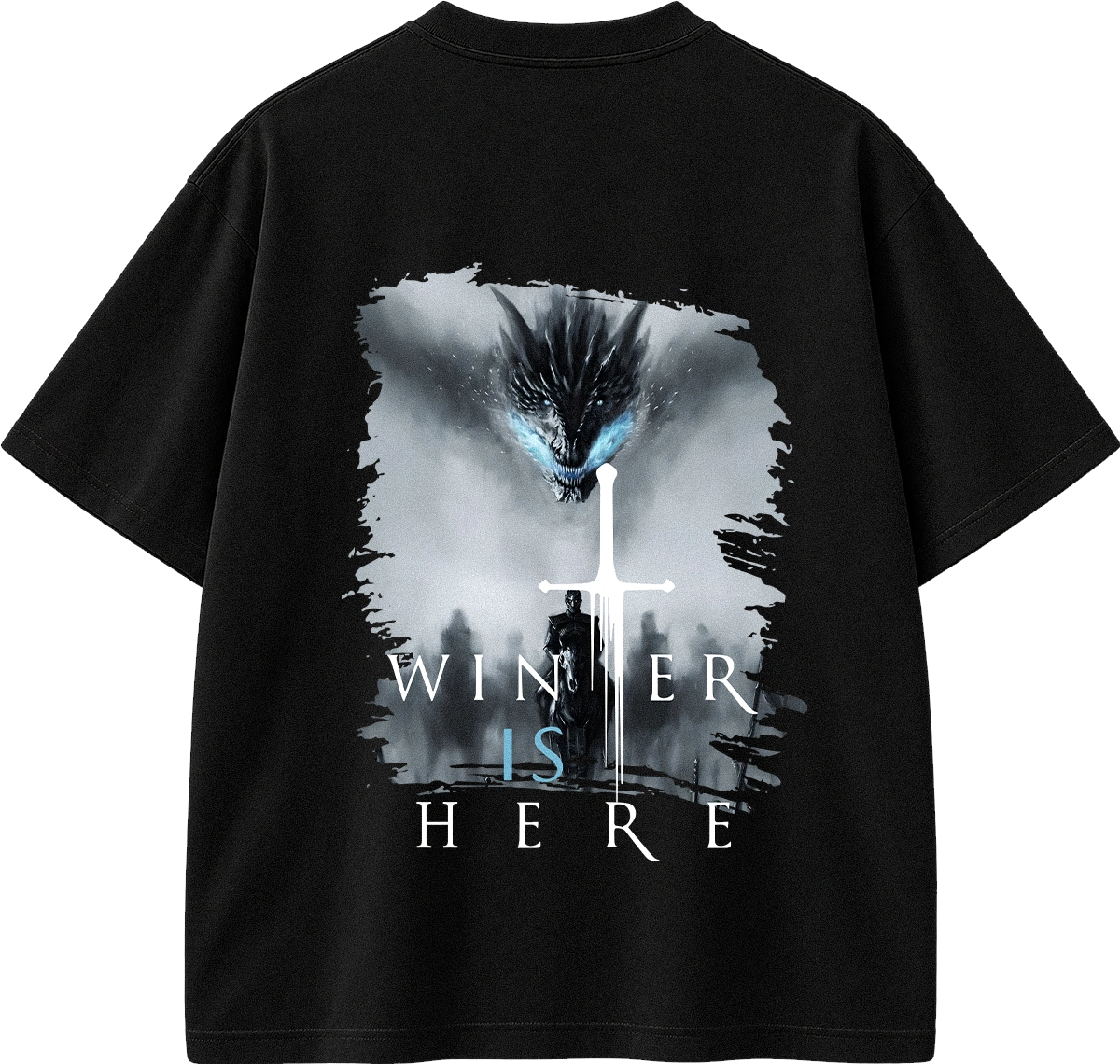 A black short-sleeve t-shirt with a large graphic print on the back. The graphic features a dark dragon with glowing blue eyes above a silhouette of a person holding a sword, with the text 'WINNER IS HERE' written below in white and light blue.