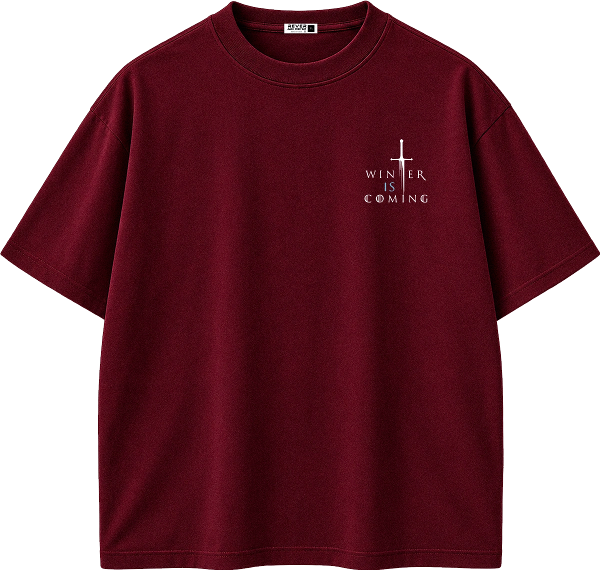 A dark red short-sleeve crewneck t-shirt with a small white graphic on the left chest featuring a cross and the text 'WINTER IS COMING'.