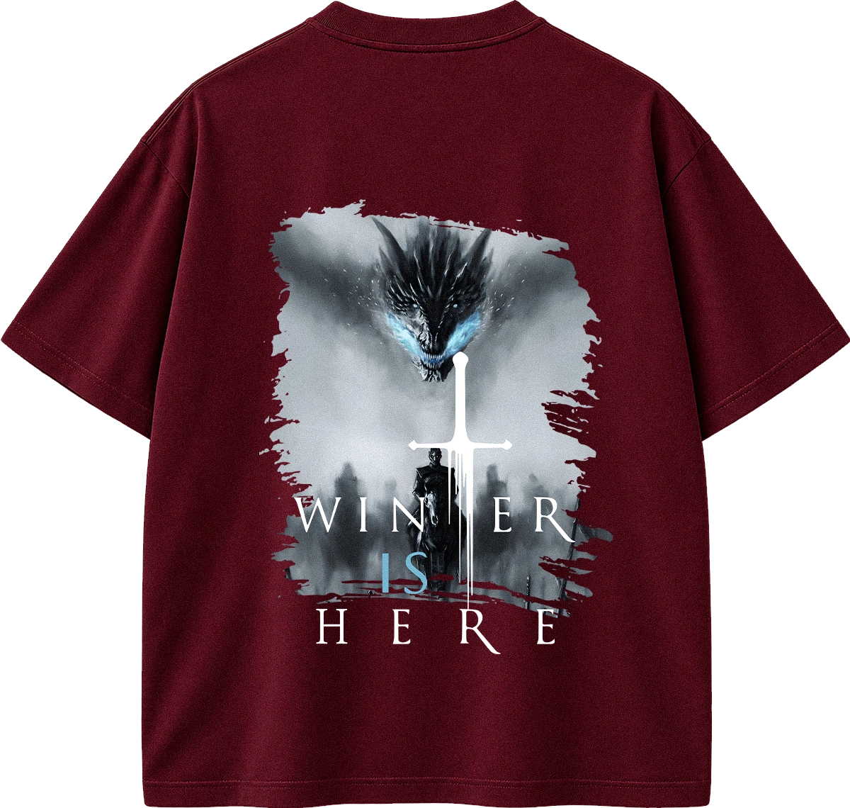A maroon short-sleeve t-shirt shown from the back, featuring a large graphic print of a dragon, a white sword, and the text 'WINTER IS HERE' in white and light blue.
