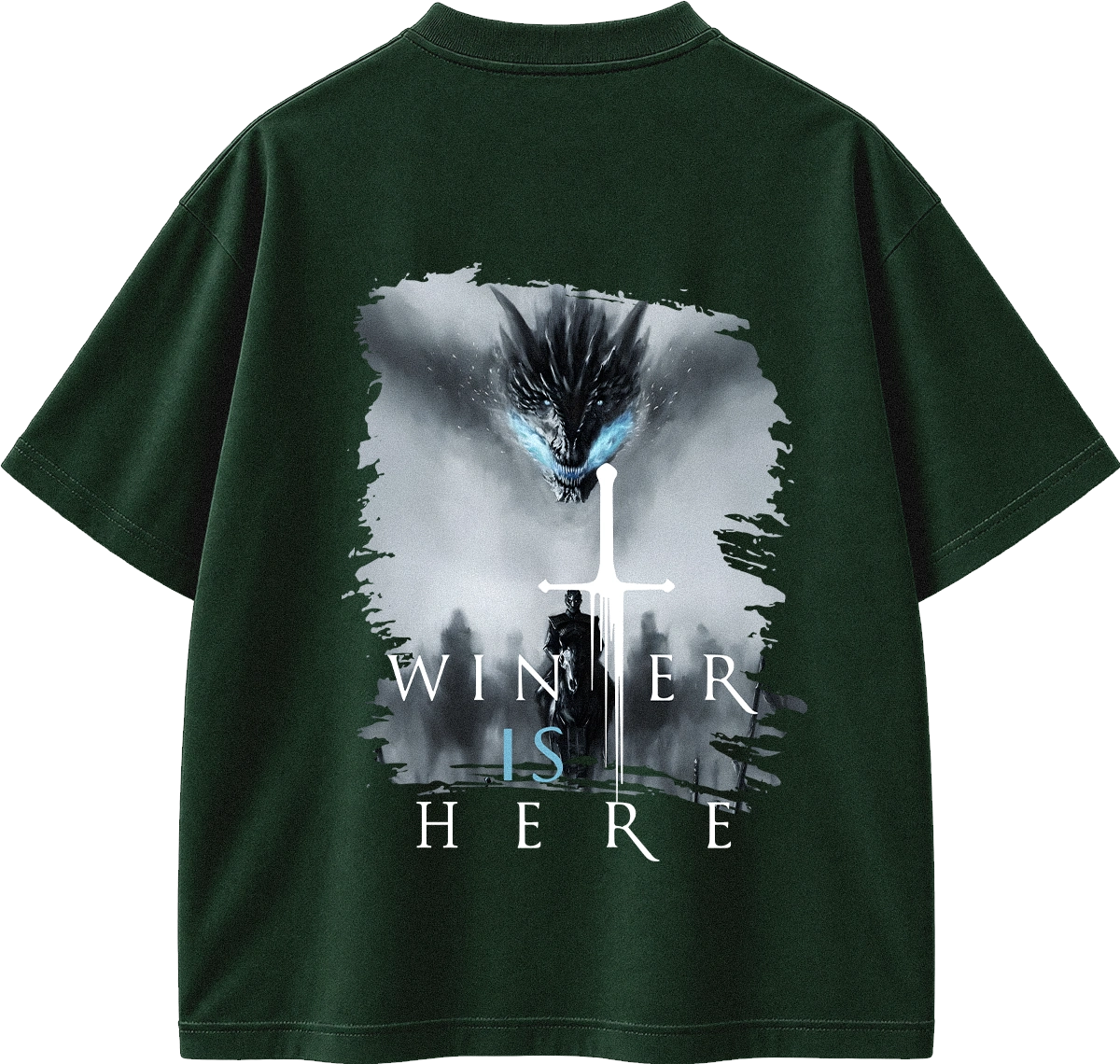 A black short-sleeve t-shirt with a large graphic print on the back. The graphic features a dark dragon with glowing blue eyes above a silhouette of a person holding a sword, with the text 'WINNER IS HERE' written below in white and light blue.