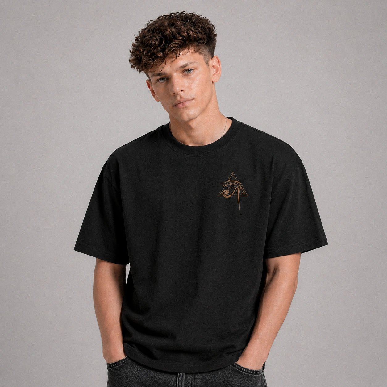 Person wearing a black t-shirt with a small design on a gray background