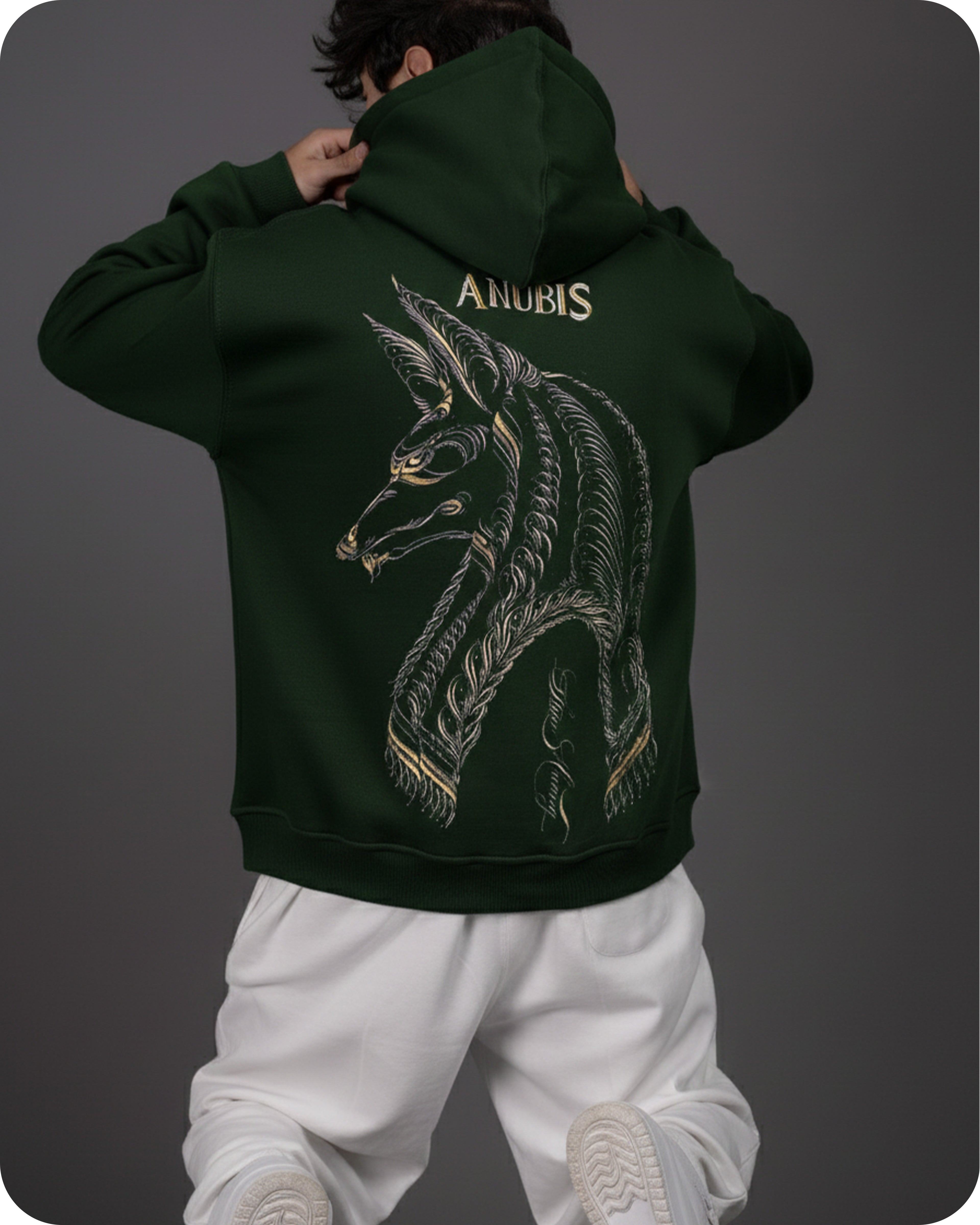 Person wearing a dark green hoodie with a wolf design and 'Anubis' text on the back, against a gray background.