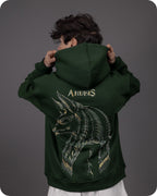 Person wearing a green hoodie with 'Anubis' design on the back against a gray background