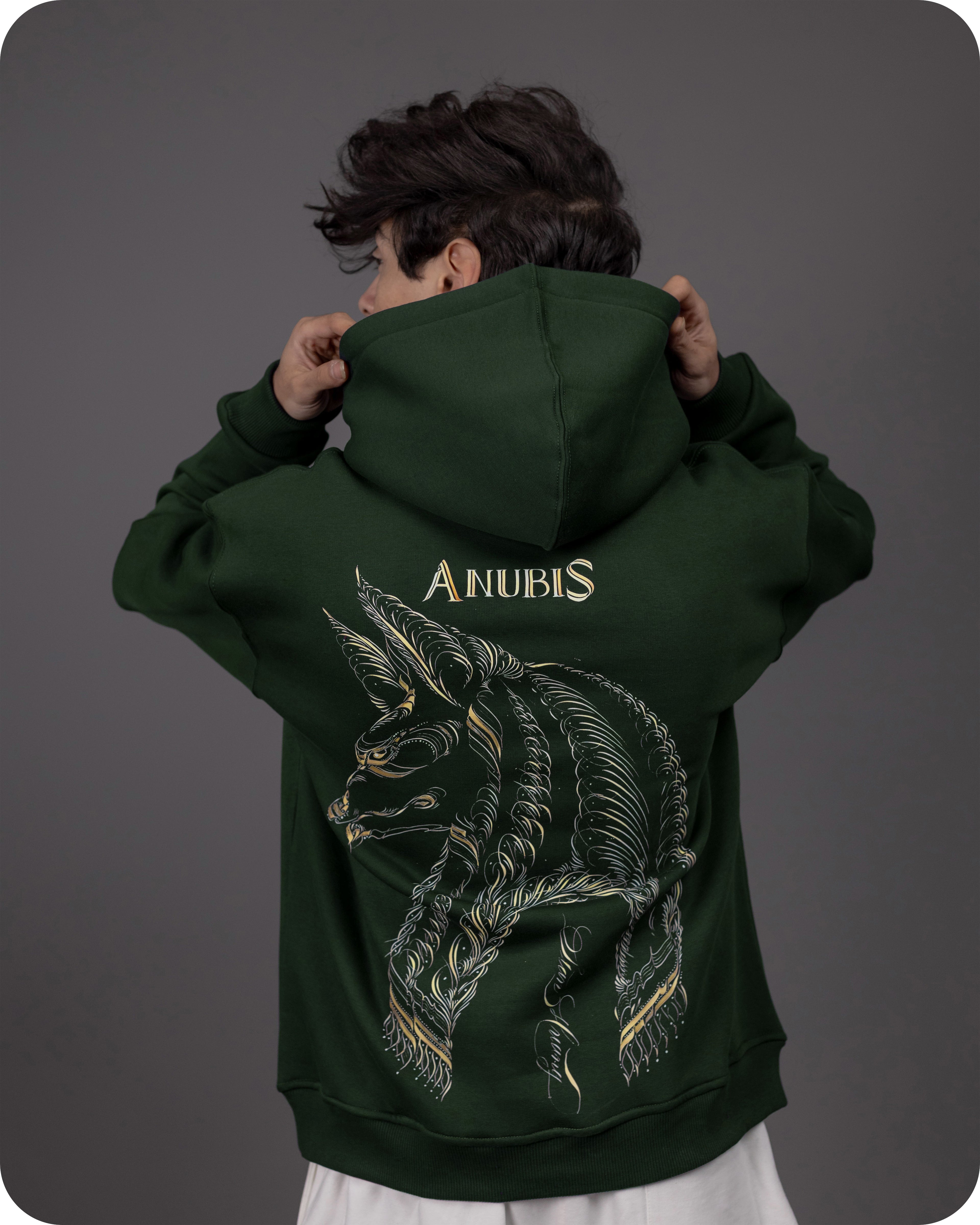 Person wearing a green hoodie with 'Anubis' design on the back against a gray background