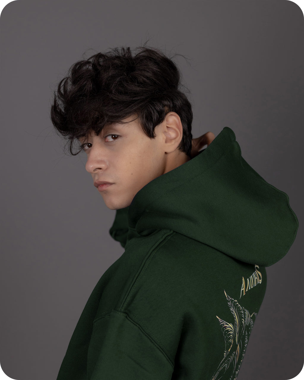 Person wearing a green hoodie with a design on the back against a gray background