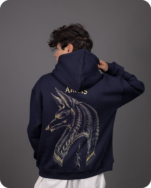 REVER – Oversized Hoodie – Navy ANUBIS Print – Premium soft fabric, relaxed fit for ultimate comfort and effortless street style.