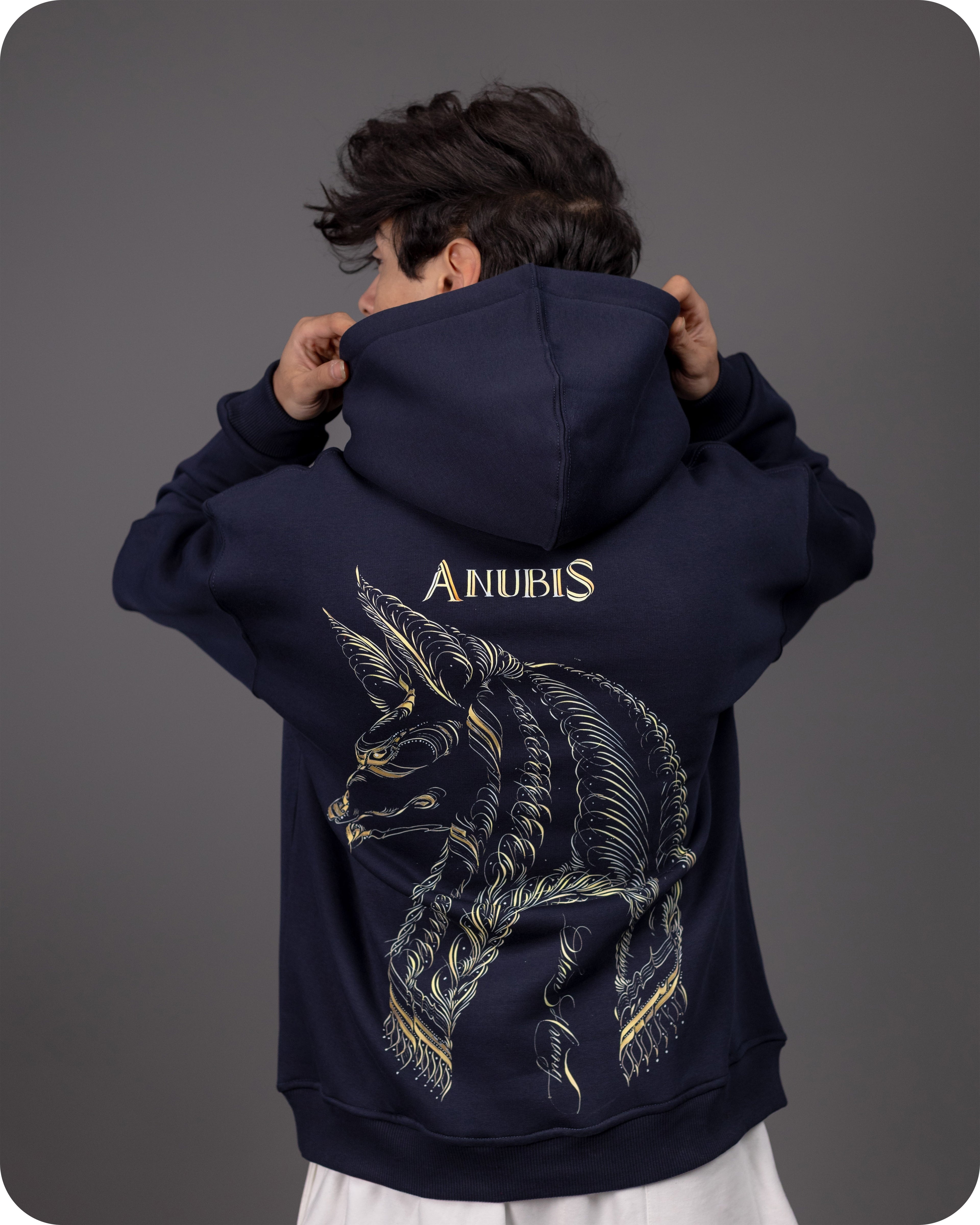 REVER – Oversized Hoodie – Navy ANUBIS Print – Premium soft fabric, relaxed fit for ultimate comfort and effortless street style.
