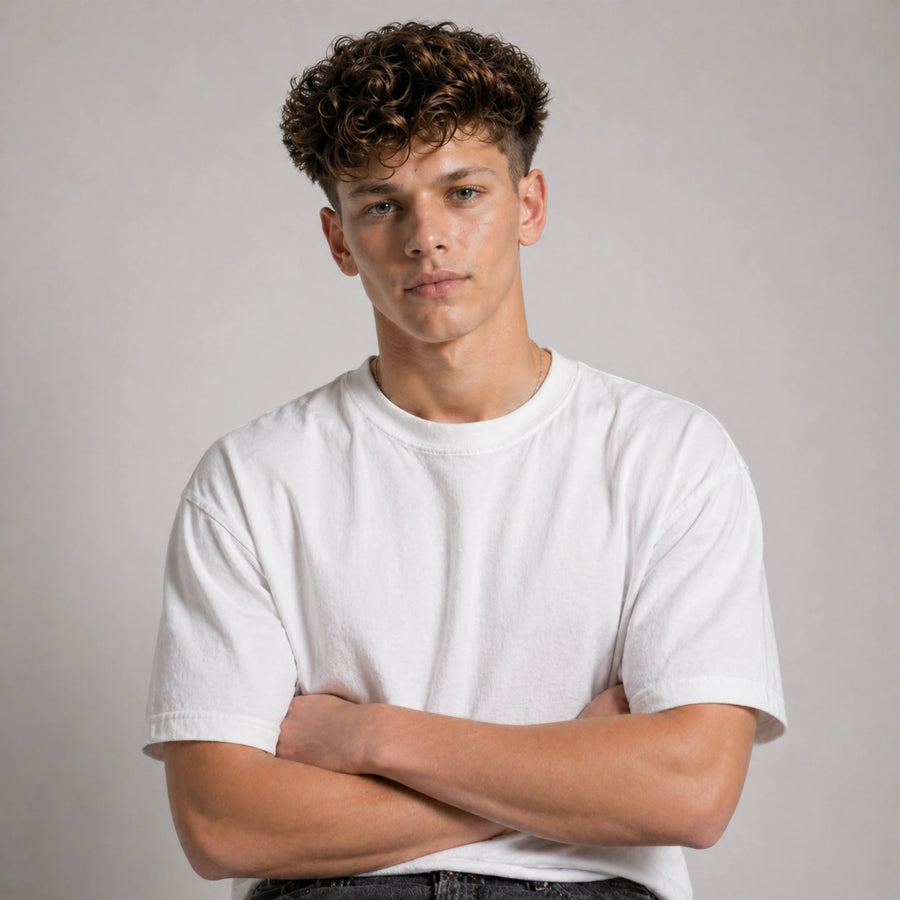Person wearing a white t-shirt against a plain background