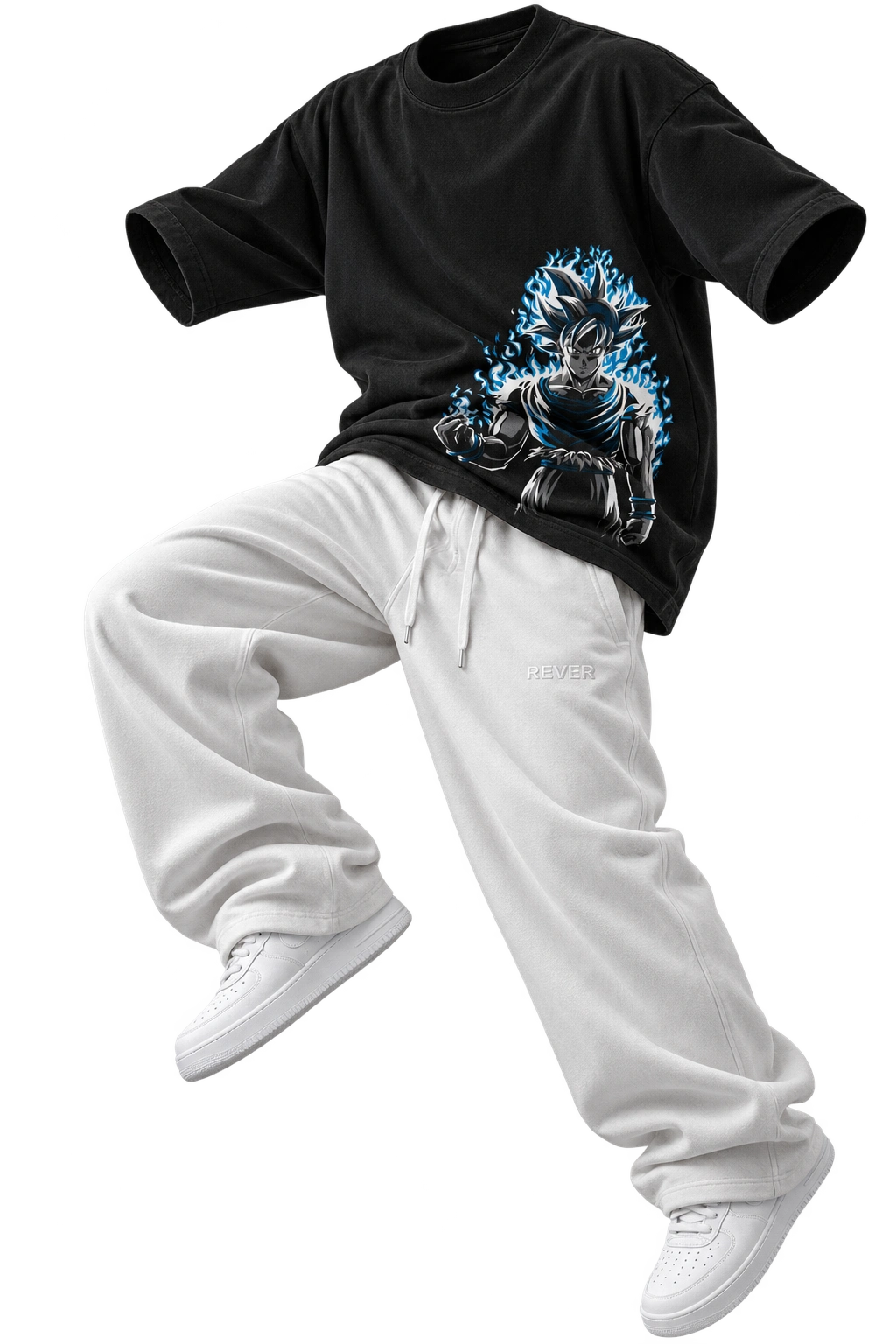 A person wearing a black oversized T-shirt with a blue and black anime-style character graphic on the front, paired with loose white sweatpants and white sneakers, shown against a plain white background.
