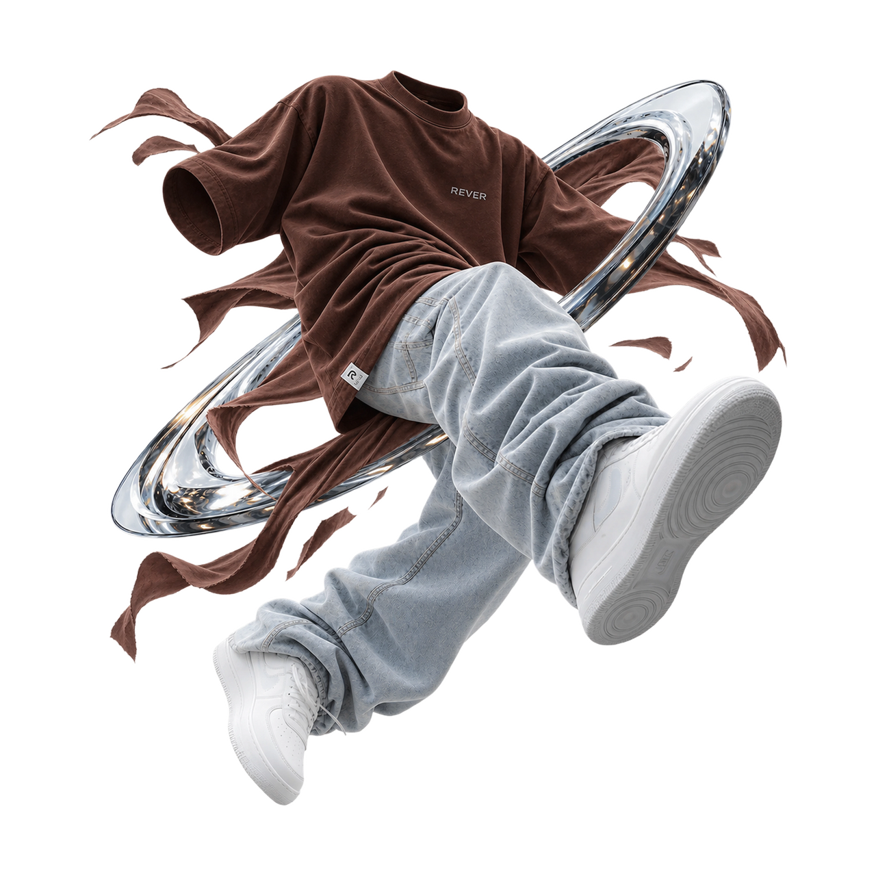 A person in a brown t-shirt, light gray jeans, and white sneakers floating in mid-air with a reflective silver ring around them, isolated on a white background.