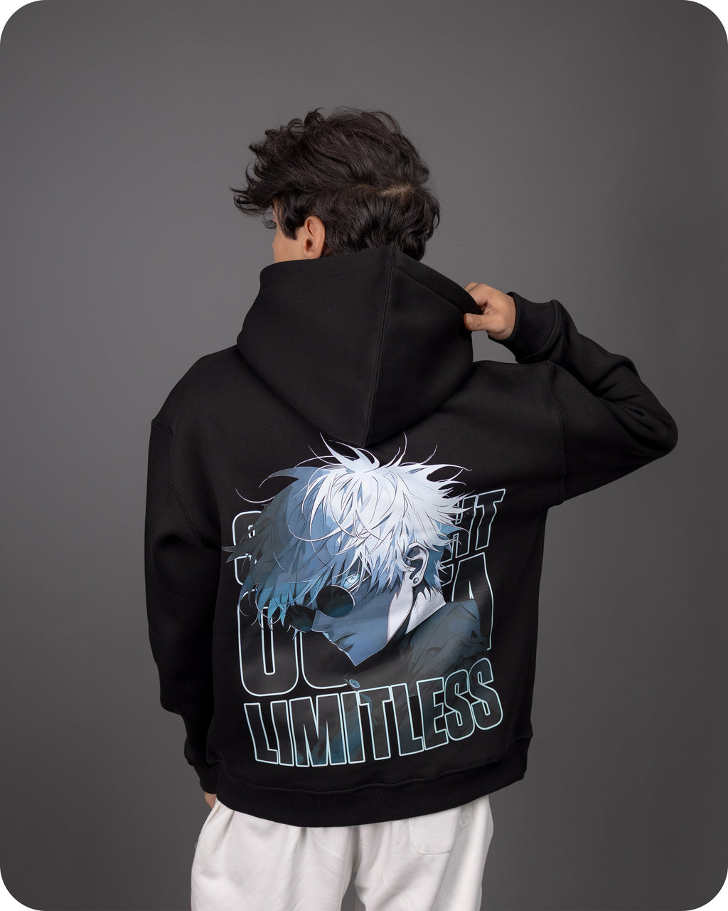 REVER – Oversized Hoodie – Black GOJO LIMITLESS Print – Premium soft fabric, relaxed fit for ultimate comfort and effortless street style.