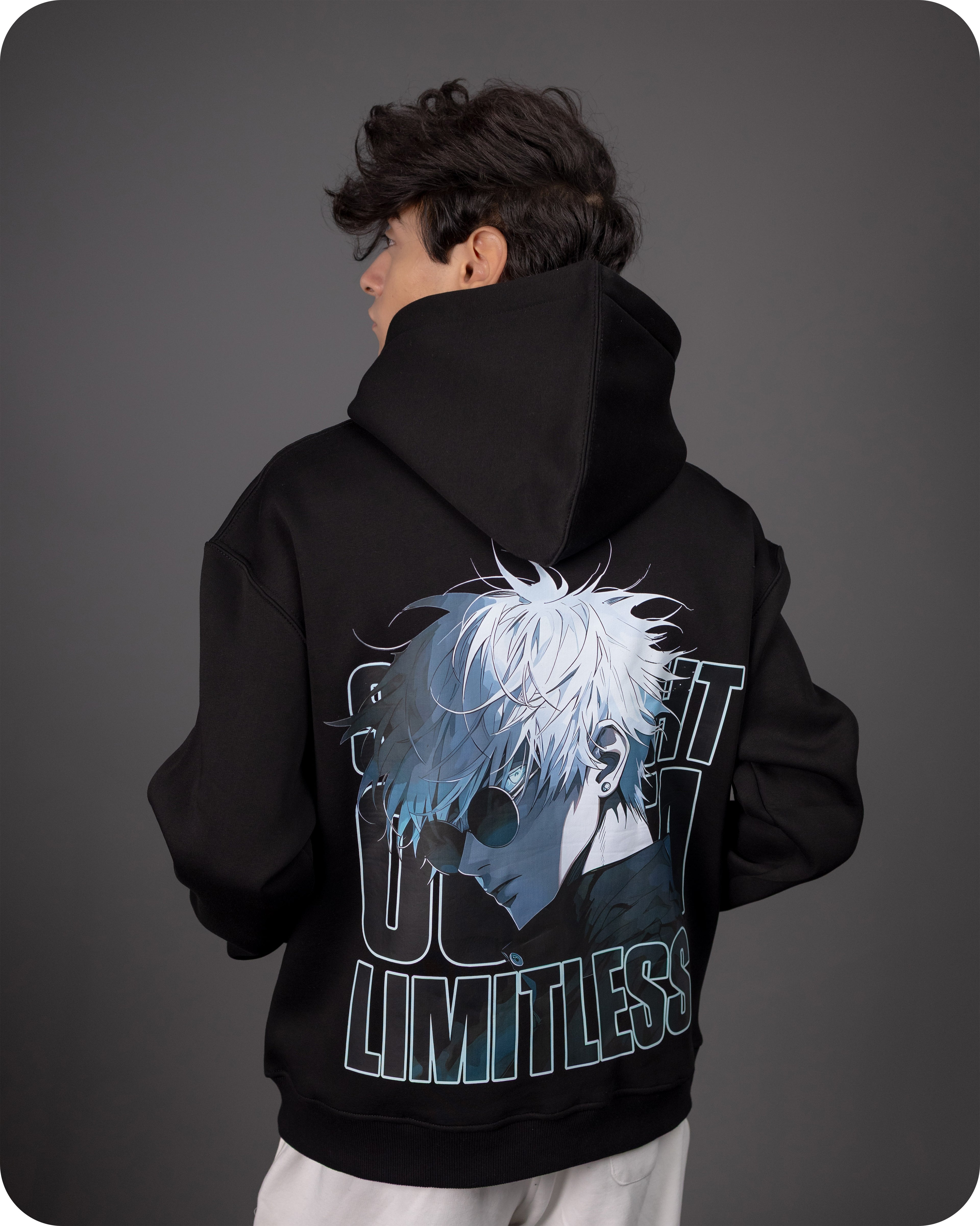 REVER – Oversized Hoodie – Black GOJO LIMITLESS Print – Premium soft fabric, relaxed fit for ultimate comfort and effortless street style.