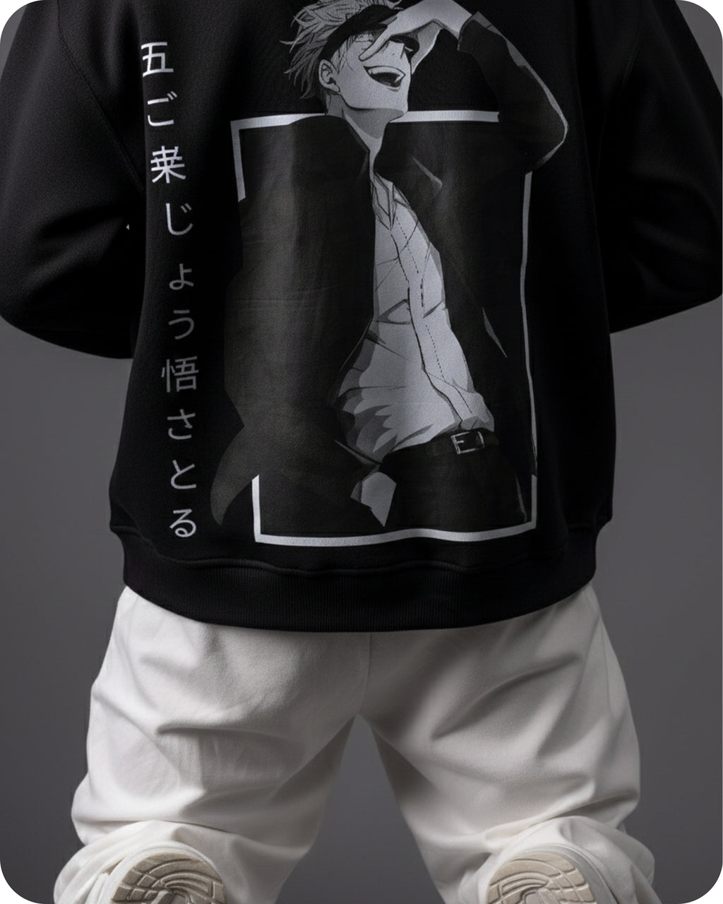 Black hoodie with anime-style character and Japanese text on a gray background