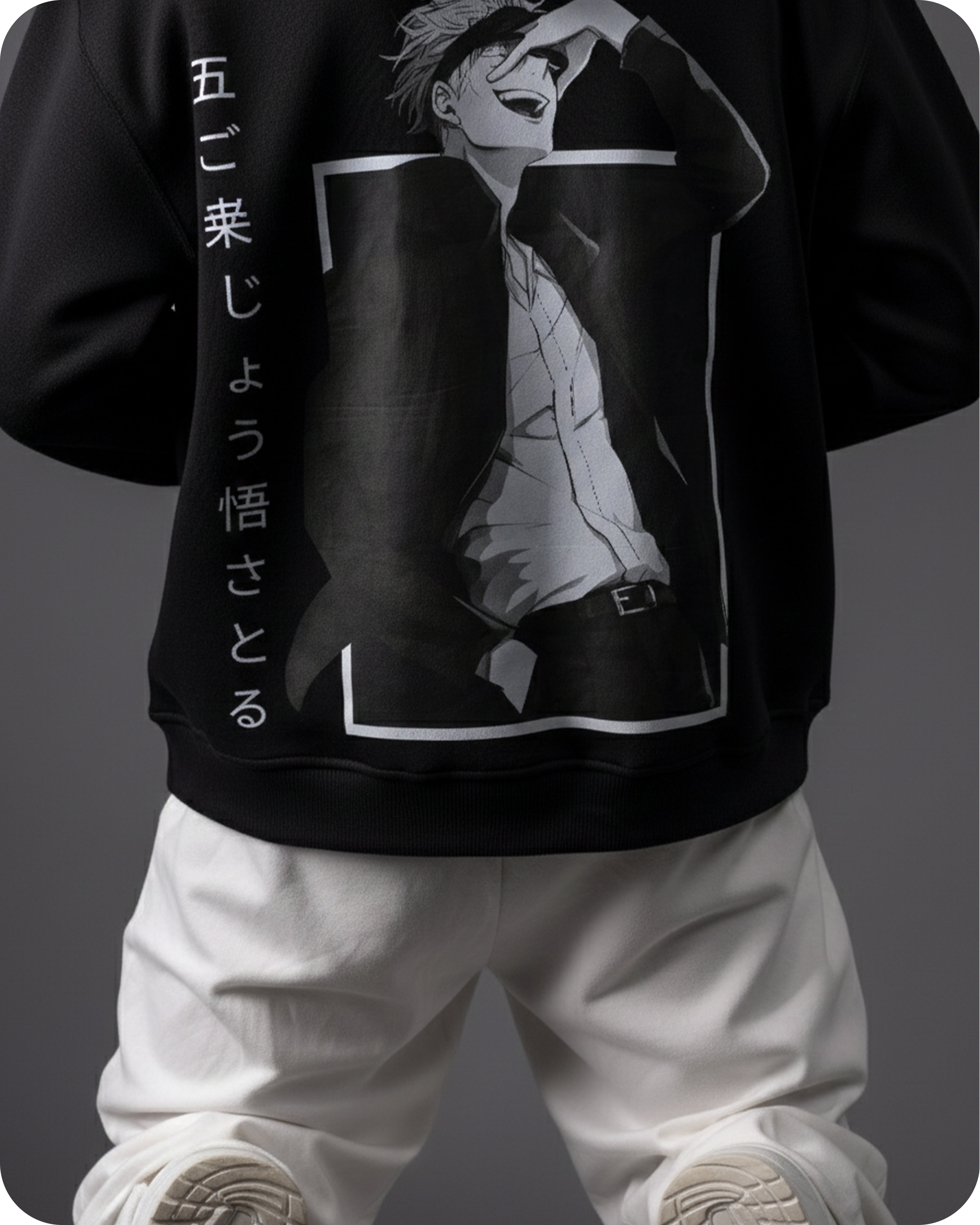 Black hoodie with anime-style character and Japanese text on a gray background