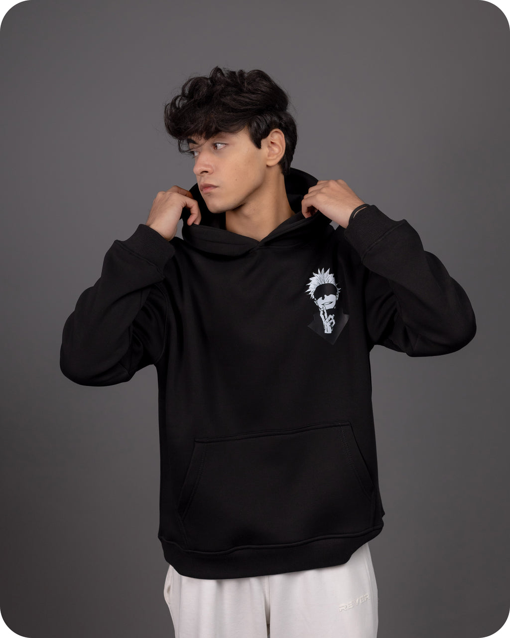 REVER – Oversized Hoodie – Black GOJO SATORU Print – Premium soft fabric, relaxed fit for ultimate comfort and effortless street style.