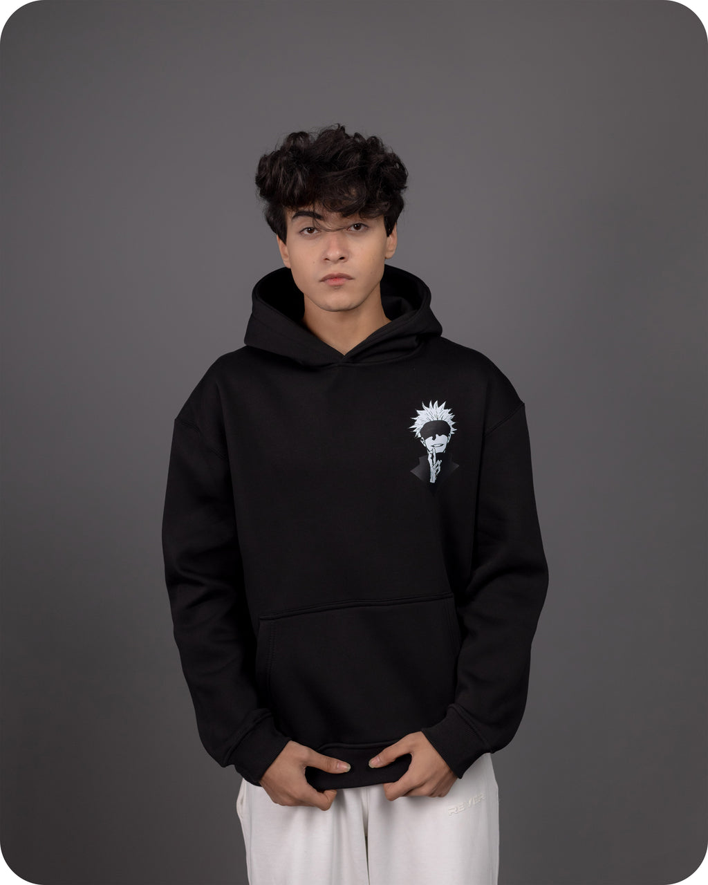 REVER – Oversized Hoodie – Black GOJO SATORU Print – Premium soft fabric, relaxed fit for ultimate comfort and effortless street style.
