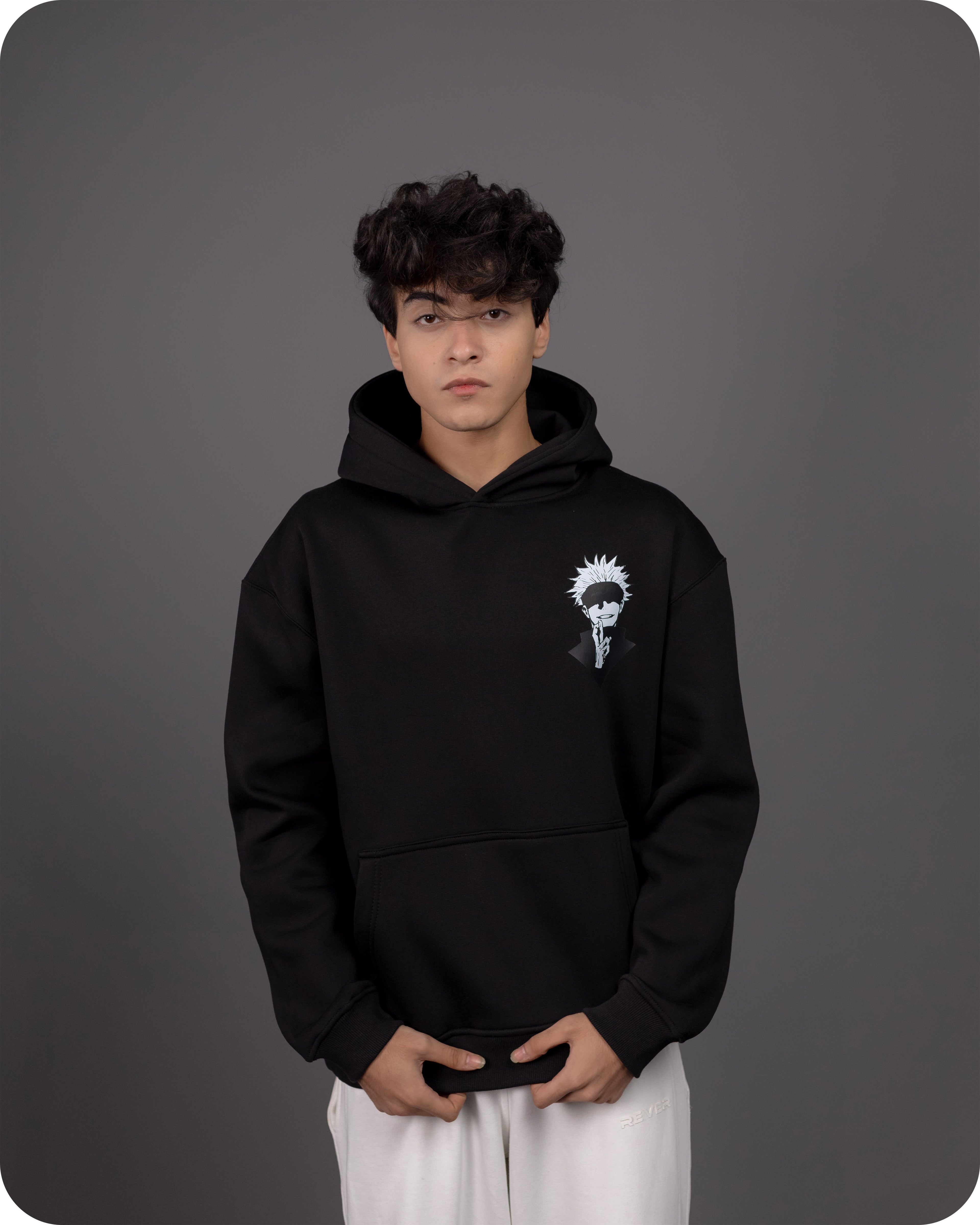 REVER – Oversized Hoodie – Black GOJO SATORU Print – Premium soft fabric, relaxed fit for ultimate comfort and effortless street style.