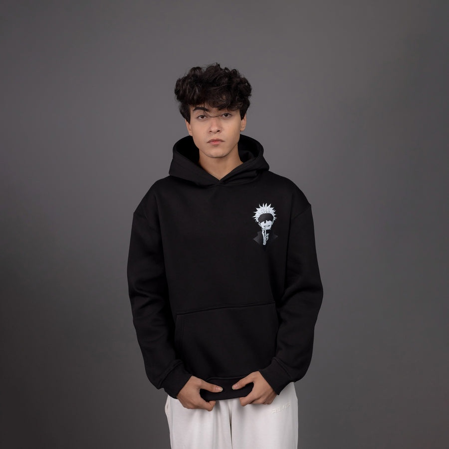 REVER – Oversized Hoodie – Black GOJO SATORU Print – Premium soft fabric, relaxed fit for ultimate comfort and effortless street style.