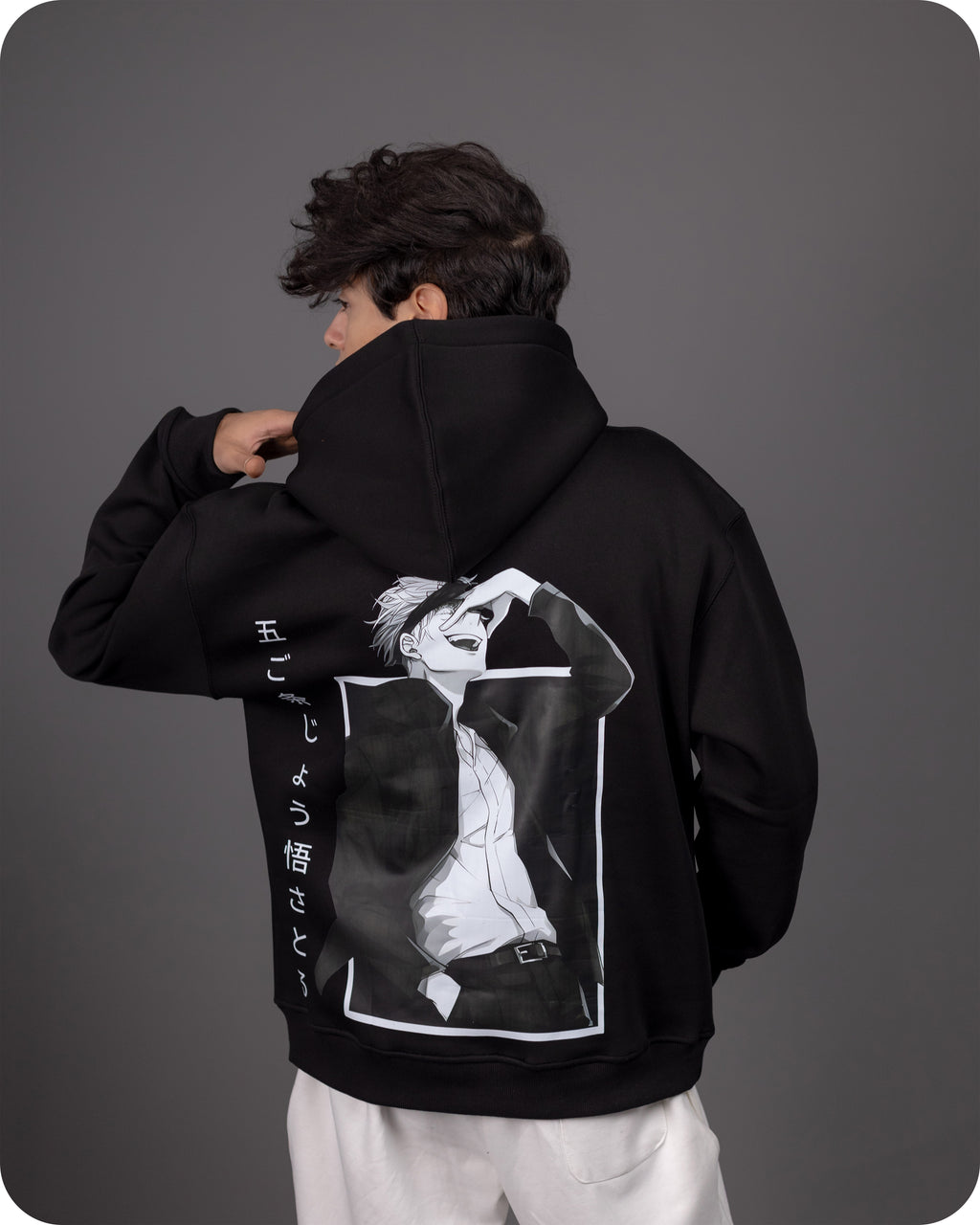 REVER – Oversized Hoodie – Black GOJO SATORU Print – Premium soft fabric, relaxed fit for ultimate comfort and effortless street style.