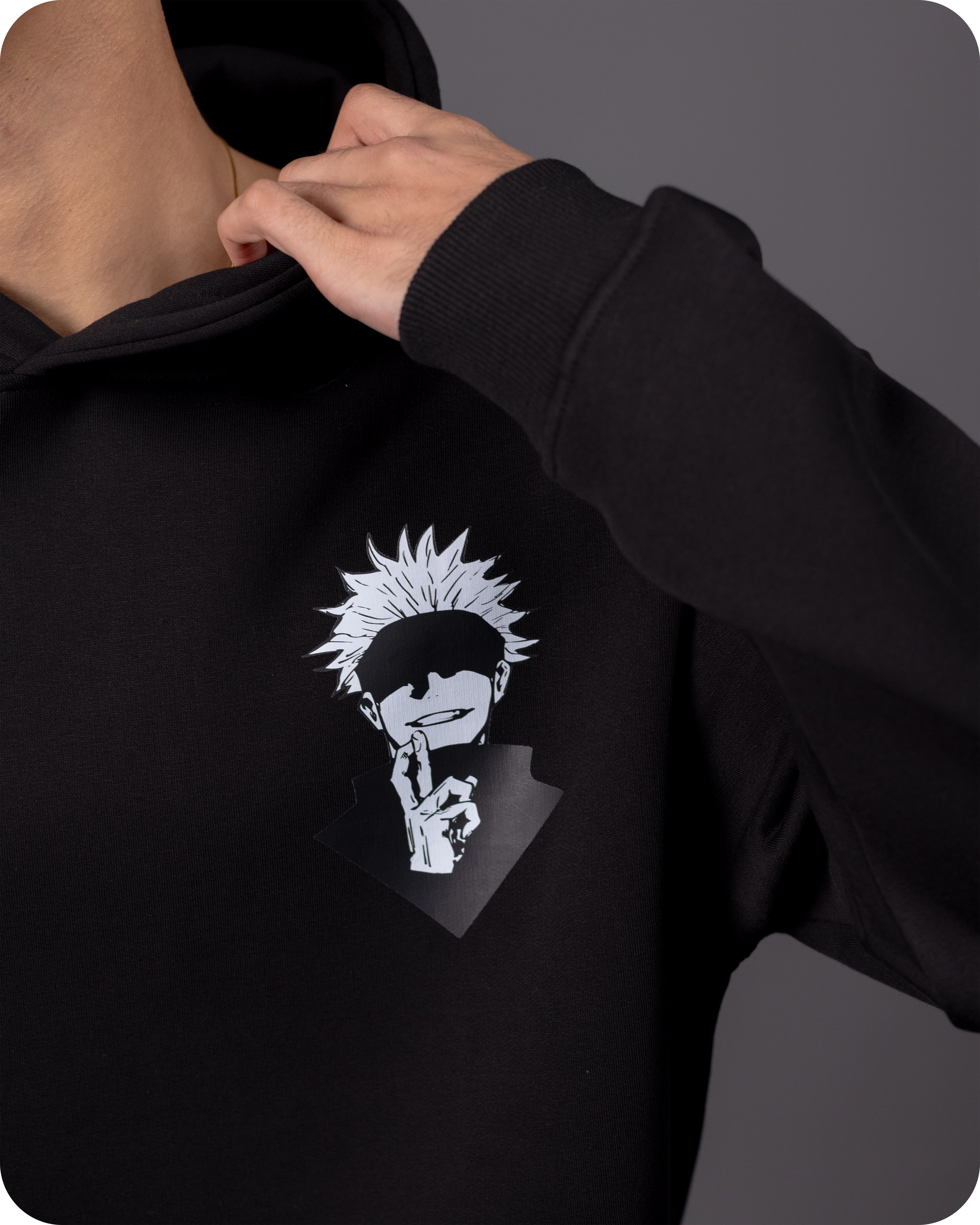 REVER – Oversized Hoodie – Black GOJO SATORU Print – Premium soft fabric, relaxed fit for ultimate comfort and effortless street style.