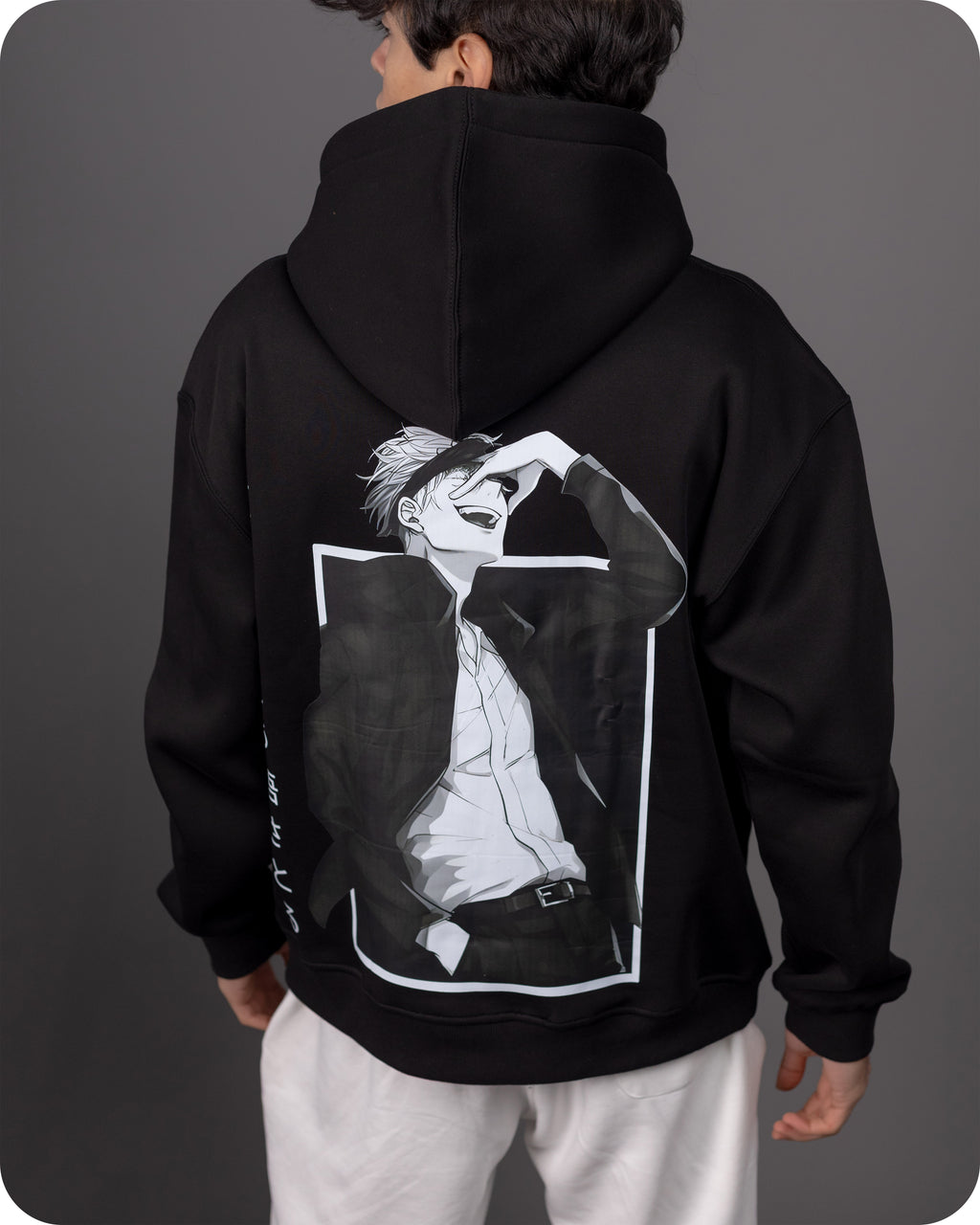 REVER – Oversized Hoodie – Black GOJO SATORU Print – Premium soft fabric, relaxed fit for ultimate comfort and effortless street style.