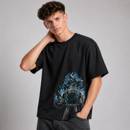 Person wearing a black t-shirt with a graphic design on a gray background