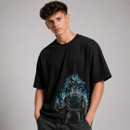 Person wearing a black t-shirt with a graphic design on a gray background