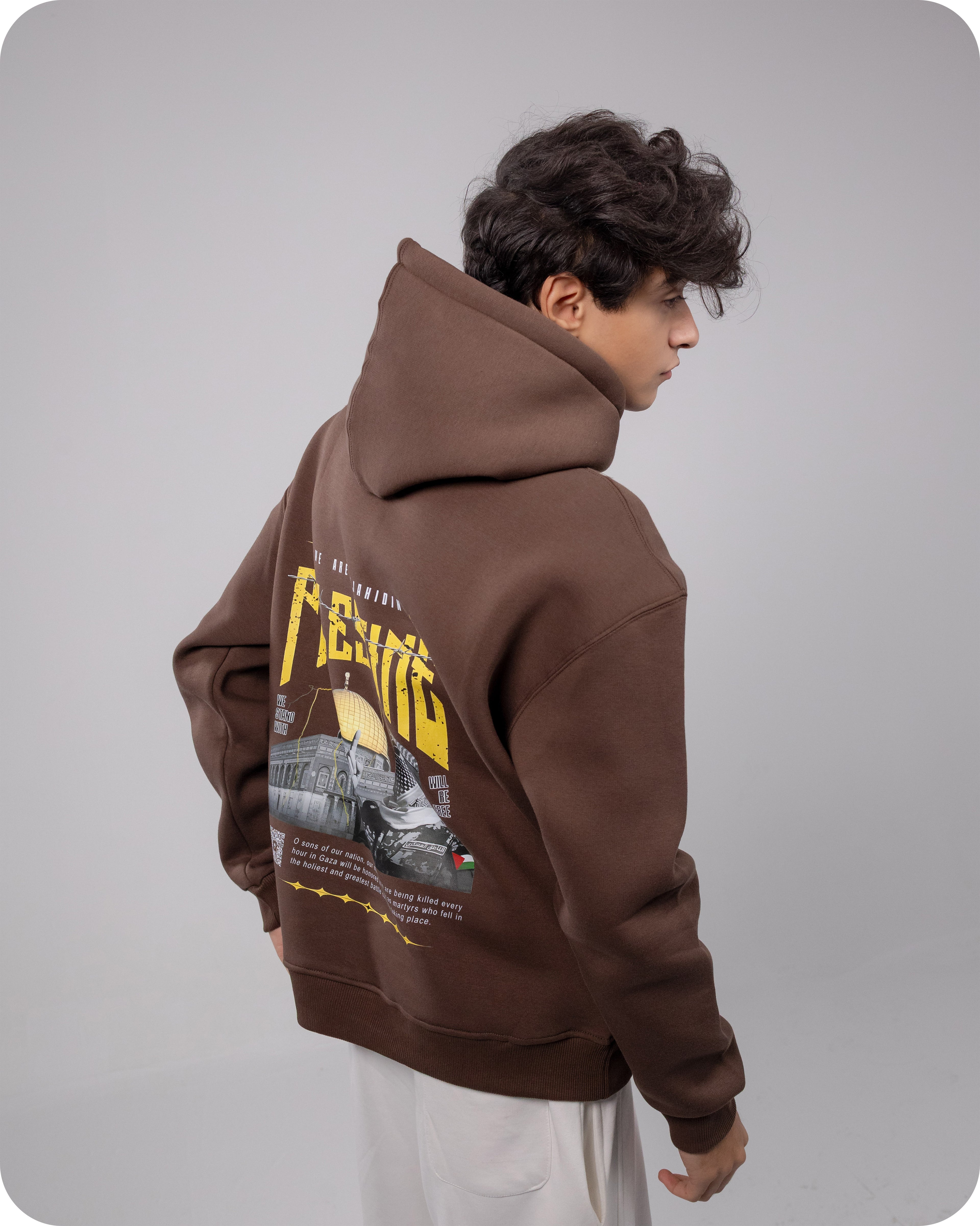 REVER – Oversized Hoodie – Brown PALESTINE Print – Premium soft fabric, relaxed fit for ultimate comfort and effortless street style.