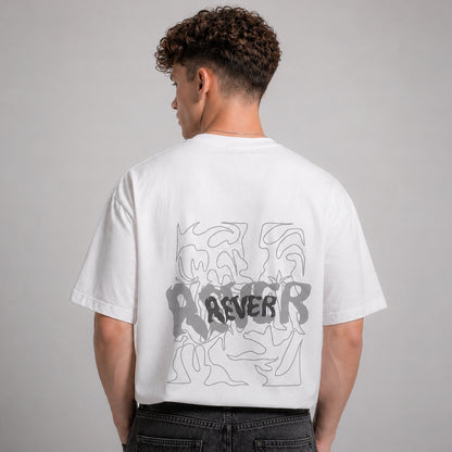 Person wearing a white t-shirt with abstract designs and text on the back against a gray background