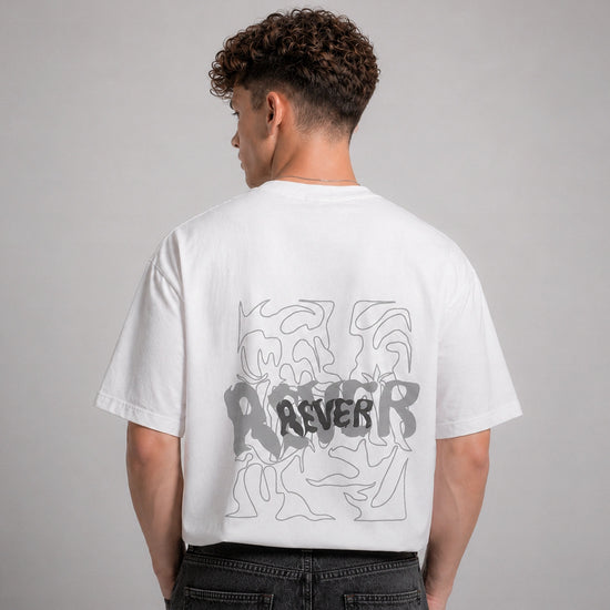 Person wearing a white t-shirt with abstract designs and text on the back against a gray background