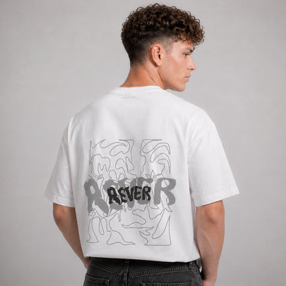 Person wearing a white t-shirt with abstract designs and text on the back, standing against a gray background.